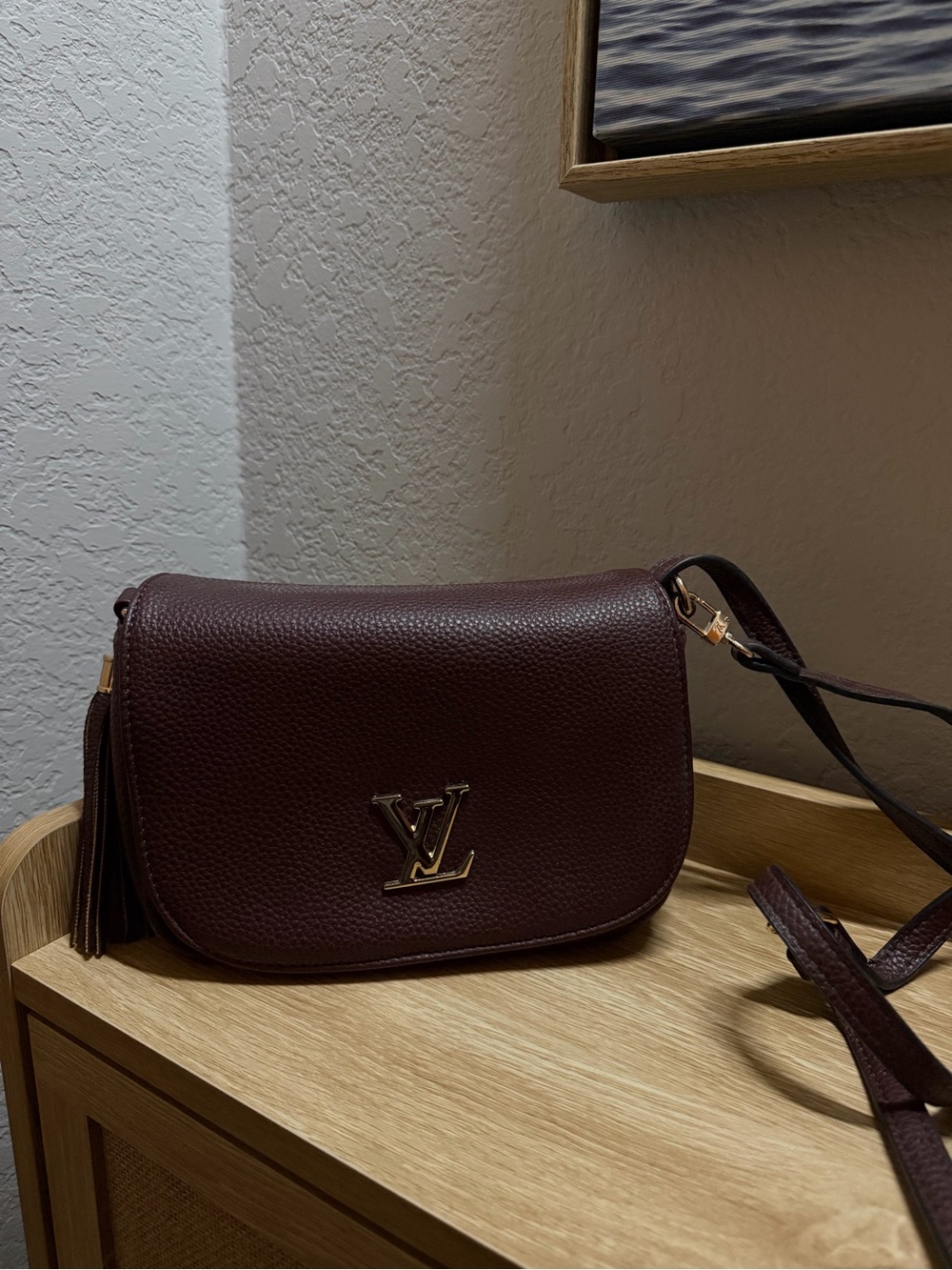 Designer Inspired Burgundy Pebbled Leather Crossbody with Gold Emblem